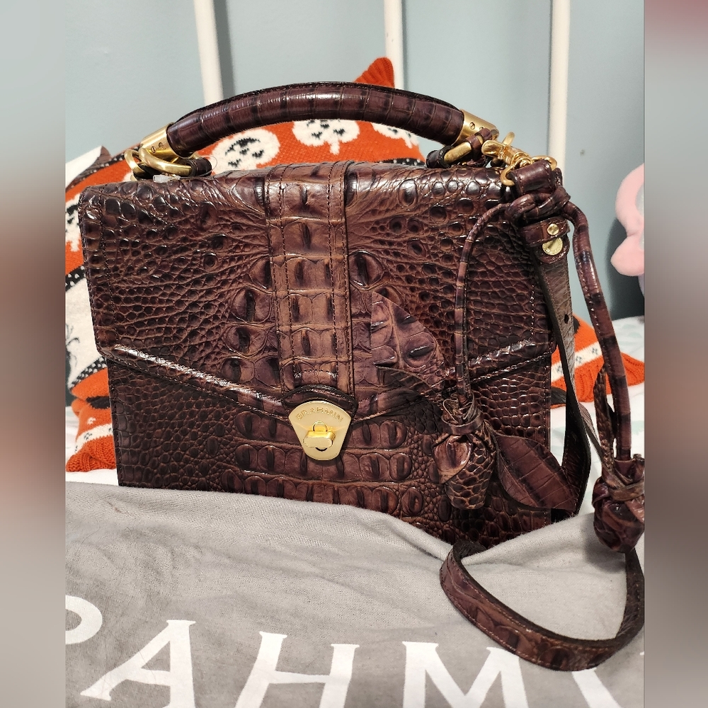 Womens Brown Brahmin leather Locking handbag rose charm